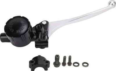 A motorcycle brake master cylinder assembly with attached reservoir and lever, along with mounting hardware, displayed against a white background.
