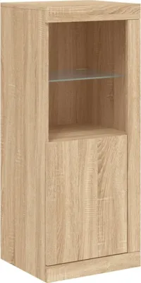 A tall, narrow wooden cabinet with a glass shelf and a closed door.