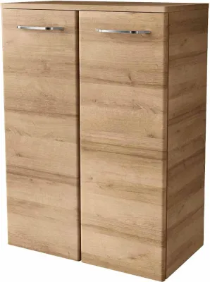 A tall, narrow cabinet with two doors, made of wood-look material.