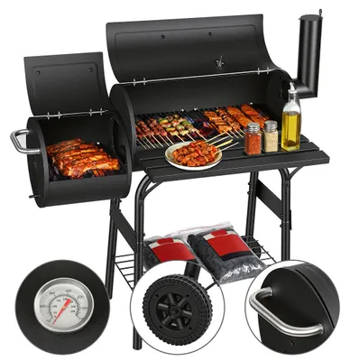 Produktbild von Faziango Holzkohlegrill, Schwarz Grillstation auf Rollen mit 2 Kammern, Grillwagen Outdoor Kohlegrill mit 2 Rädern und Temperaturanzeige