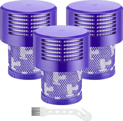 Three purple vacuum cleaner filters and a small cleaning brush against a white background.