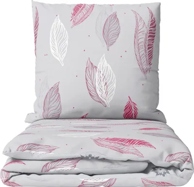 A folded duvet and pillow with a feather pattern.