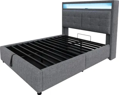 Immagine prodotto di Letto imbottito 140x200 cm, con illuminazione a LED, dotato di porta USB, con spazio contenitore e ripiani, colore grigio