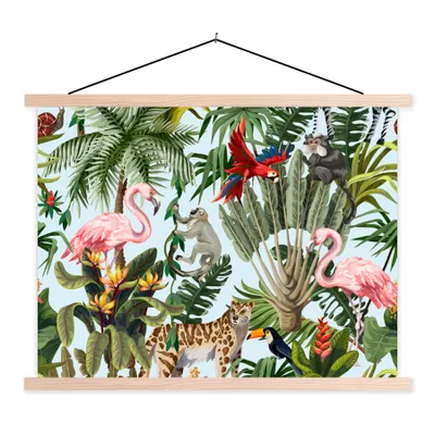 Produktbild von MuchoWow® Textilposter Dschungel - Tiere - Mädchen - Kinder - Jungen - Flamingo - Papagei 60x45 cm mit holzfarbenen Rahmen - Bild