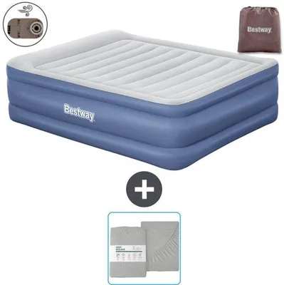 Image de Matelas gonflable double - 152 x 203 x 61 cm - Gris/Bleu - Avec pompe et literie