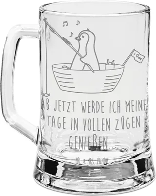 Produktbild von Mr. & Mrs. Panda Krug Pinguin Angelboot - Transparent - Geschenk, Humpen, Optimistisch, Glas Bierkrug, Mit Gravur, Boot, Leben, Seidel, Glaskrug