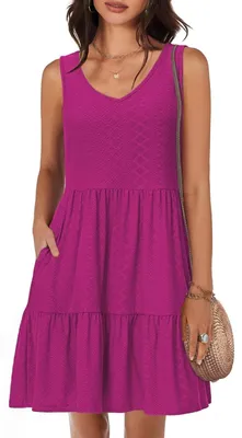 Imagen del producto de Vestido de verano sin mangas, estilo swing, ideal para la playa, confeccionado en tejido jacquard, con prácticos bolsillos y una falda elegante con detalles escalonados