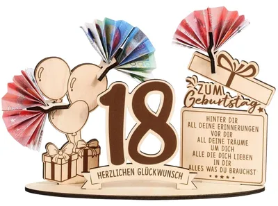 Geldgeschenk zum 18. Geburtstag aus Holz, 18x5x10 cm, Tischdekoration