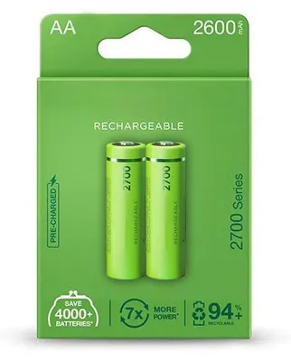 Productafbeelding van Vooraf opgeladen AA-batterij, 2700 mAh, oplaadbaar, verpakt per 2 in een blisterverpakking