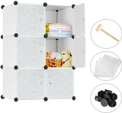 Produktbild von XMTECH DIY Regalsystem Kleiderschrank mit Tür Steckregal Kleiderschrank Garderobenschrank aus Kunststoff 6 Boxen, Weiß