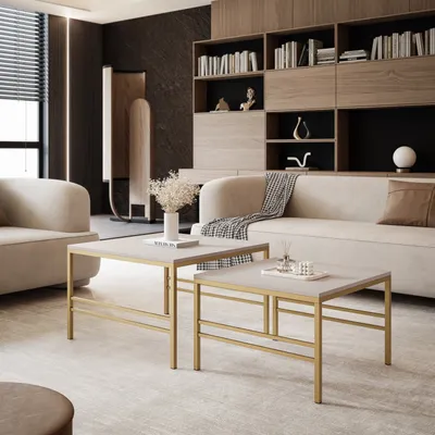 Produktbild von Moderner Couchtisch FORMA 2in1 für das Wohnzimmer 2er Set mit Metalgestell Kaffeetisch Wohnzimmertisch Gold Matt / Kaschmir