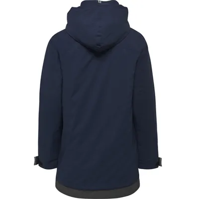 The back view of a navy blue parka jacket with a gray hem.