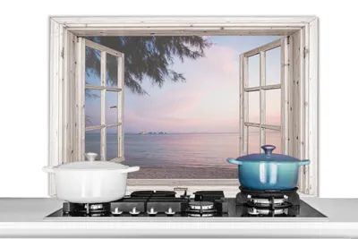 Produktbild von KitchenYeah® Spritzschutz Küche - Küchenrückwand - Wandschutz für Herd und Spüle - Aussicht - Strand - Palme 100x65 - Alu-Dibond (Alternative zum Spritzschutz aus Glas) - Hitzebeständig - Herdspritzs
