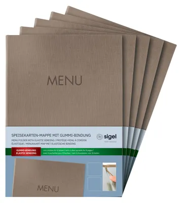 Obrázek produktu pro Složka na jídelní lístek s gumovou vazbou a slepotiskem MENU A4 béžová balení po 5 kusech