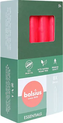 Produktbild von Stabkerzen, Zartes Rot, BOLSIUS Essentials, 20/170 mm, Brenndauer ca. 5h, 8 Stück pro Verpackung, Torpedokerzen, Dinnerkerzen