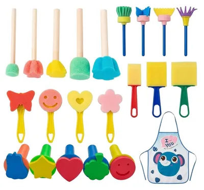 Produktbild von 22-teiliges Pinselset Kinder mit Schürze, Schwammpinsel, Stempel für Wasserfarben