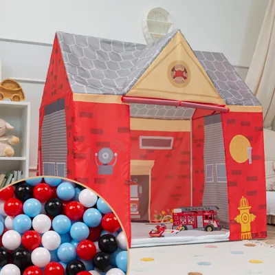 Produktbild von Selonis Spielhaus Spielzelt Feuerwehrhaus Mit 600 Bälle Faltbares Für Kinder Realistisches Design Langlebige Und Sichere Leicht Zu Montieren Drinnen Und Draußen, Rot-Grau:Schwarz/Weiß/Rot/Babyblau