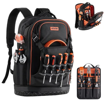 Image de Sac à dos à outils VEVOR, 65 poches, organisateur de rangement d'outils, Backpack avec compartiment pour ordinateur portable & fond moulé, sac à dos de chantier pour électriciens, réparateurs & chauffagistes