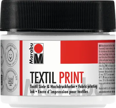 A close-up studio shot of a white jar of Marabu Textil Print fabric ink with a black lid.