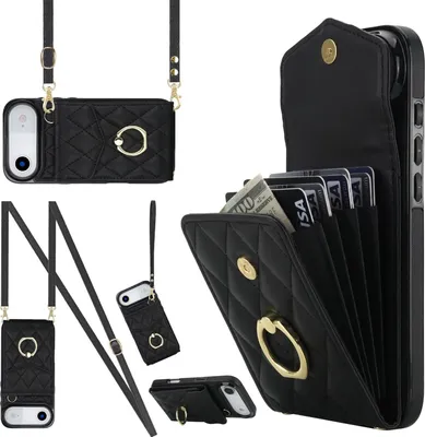 Immagine prodotto di Custodia a tracolla in ecopelle per Apple iPhone 17 Air con motivo a rombi e scomparto per carte RFID, nera