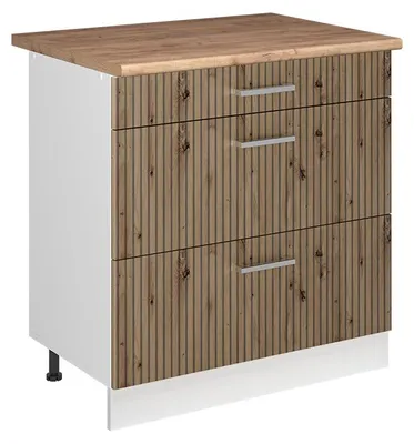 Productafbeelding van Keukenonderkast Vicco R-Line Artisanaal eiken/Wit 80 cm met 3 laden goudkleurig eiken werkblad, Model 72333