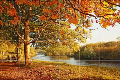 Produktbild von Fliesenaufkleber 10×10 cm – 24 Stück – Selbstklebend – Wasserfest – Pflegeleicht – Hitzebeständig – Für Küche & Bad – Herbstlandschaft am Fluss