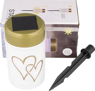 Zdjęcie produktu dla Solarna lampka nagrobna LED Hearty biała – ciepła biała lampka nagrobna z efektem migotania, z akumulatorem i szpikulcem do wbicia w ziemię