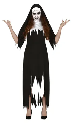 Productafbeelding van Halloween-kostuum: Non. Enge, griezelige look. Thema: Heks, duivel, non, religie. Maat: 44 - 46 (XL). Kleur: Zwart