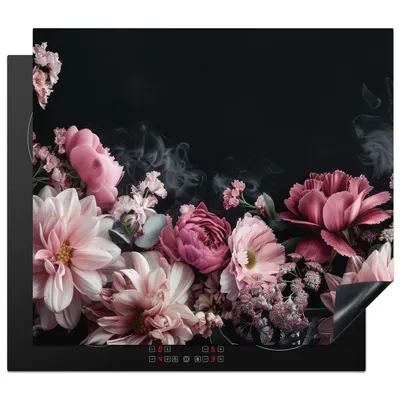 Produktbild von KitchenYeah© Herdabdeckplatte Blumen - Rosa - Natur - Schwarz , 58x51cm, Küche Deko, Glaskeramikkochfeld Herdabdeckung, Abdeckplatte fùr Kochfeld
