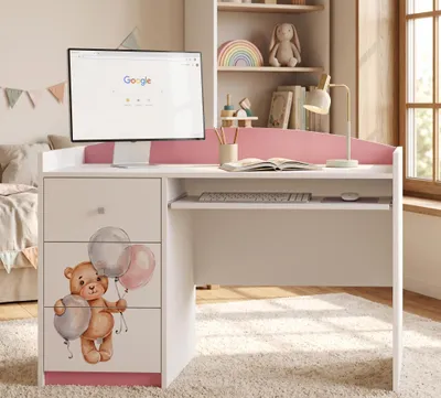 Produktbild von Kinderschreibtisch Mädchen Rosa mit Schrank und Schublade | Lerntisch Hausaufgabentisch für Schüler | Tolles Design mit Motiv, KI-generiertes Bild