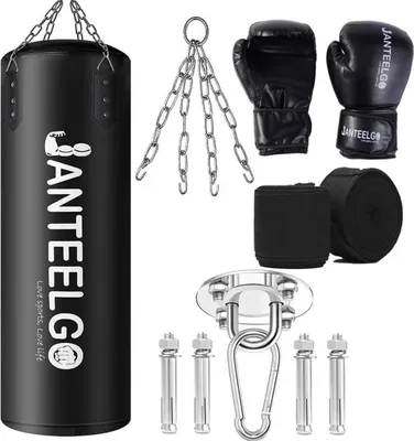 Produktbild von Boxsack Ungefüllt 100cm Kunstleder Schwarz inkl. Montagekette & Deckenhaken