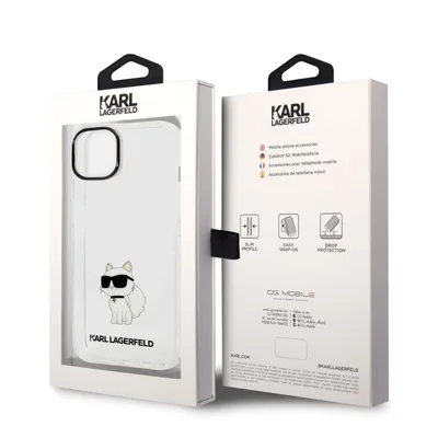 The image shows the packaging of a Karl Lagerfeld iPhone case, with the case itself visible through a clear window on the front of the box.