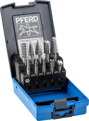Produktbild von PFERD HSS Frässtift Set 81 10-tlg. Zahnung 3 Ø 16/12/10/6mm Schaft-Ø 6mm universal mittel fein, Hochgeschwindigkeitsstahl (HSS), Eisenguss, 1 Stück(e), Deutschland, 395 g, 100 mm