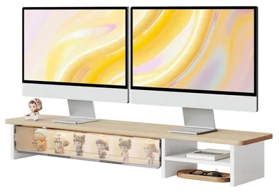Zdjęcie produktu dla Podstawa pod monitor z szufladą z akrylu, 108 cm, dąb