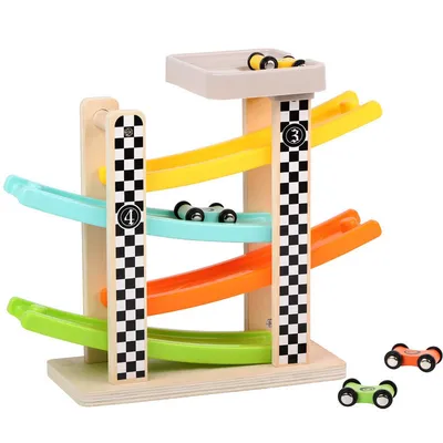 Produktbild von Bunte Holzautorennbahn mit Autos & Parkgarage – Rutschbahn für Kinder ab 1 Jahr, pädagogisches Babyspielzeug