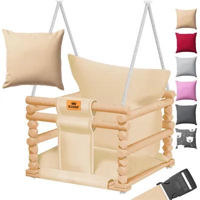 Immagine prodotto di KIDIZ® Altalena per neonati e bambini con sedile imbottito | Altalena in legno con sistema anti-ribaltamento fino a 60 kg | Regolabile in altezza, per interni ed esterni | Da 0,5 a 3 anni | Accessori per il montaggio e cintura di sicurezza