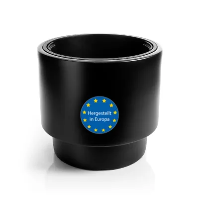 A black planter pot with a European Union logo and text indicating it is made in Europe.