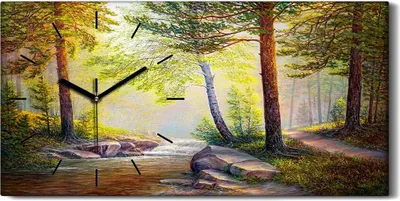 Produktbild von Wandbild Leinwand Bilder Wanduhr Geräuschlos 60x30 Malerei Landschaft Wald Baum - schwarze Hände
