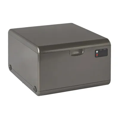 A gray mobile sealing toilet unit shown from a three-quarter front angle against a white background.