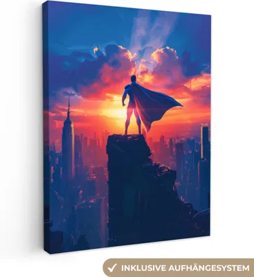 Produktbild von MuchoWow® - Leinwandbilder - Superheld - Stadt - Jungen - Farbenfroh - Sonne, Wandbild, Wanddeko Bilder Wohnzimmer, 30x40cm