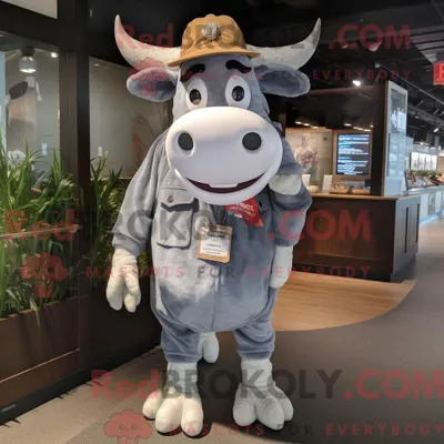 Produktbild von Maskottchen REDBROKOLY einer grauen Guernsey-Kuh mit Cargo-Shorts und Beanie