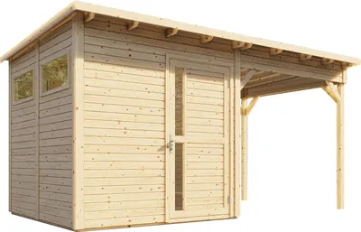 Produktbild von Gartenhaus Kiel 02 mit Anbaudach inkl. Fußboden, Naturbelassen - 19 mm Elementgartenhaus, Nutzfläche: 5,10 m², Flachdach