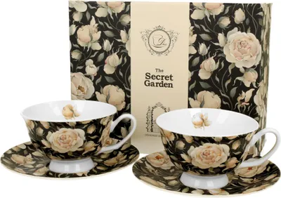 Produktbild von DUO FLORAL 2er-Set königliche Tassen 250 ml ENGLISH ROSES BLACK mit Untertassen, New Bone China Porzellan