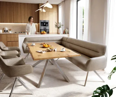 Produktbild von DELIFE Esszimmerbank Taya-Flex 285x190 cm Mikrofaser Beige Vintage Kreuzgestell kantig Edelstahl Taschenfederkern Rechts