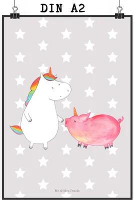 Produktbild von Mr. & Mrs. Panda Bild Einhorn Schwein DIN A2 - Grau Pastell - Geschenk, Unicorn, Kunstdruck, Schweinchen, Wandbild, wanddeko, poster, Einhörner, Freundin, drucke