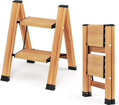 A wooden step stool shown in both an open and folded state against a white background.
