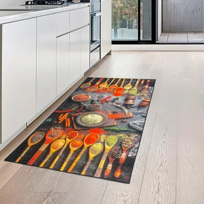 Produktbild von Küchenläufer Teppich waschbar mit Kochlöffeln und bunten Gewürzen Größe - 80 x 150 cm