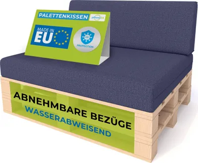 A blue pallet cushion set on a wooden pallet base, with marketing signs.