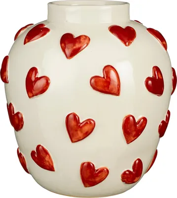 Produktbild von Mica Decorations Hearts Vase - H33 x Ø30 cm - Keramik - Weiß, Rot