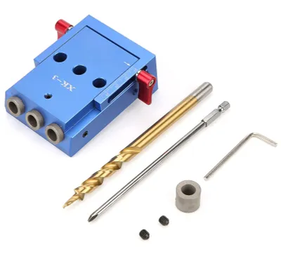 Produktbild von Taschenlochvorrichtung – Set für die Holzbearbeitung – Bohrschablone – Positionierungswerkzeug – Aluminiumlegierung – Bohrdurchmesser 9,5 mm – 100 x 69 x 38 mm